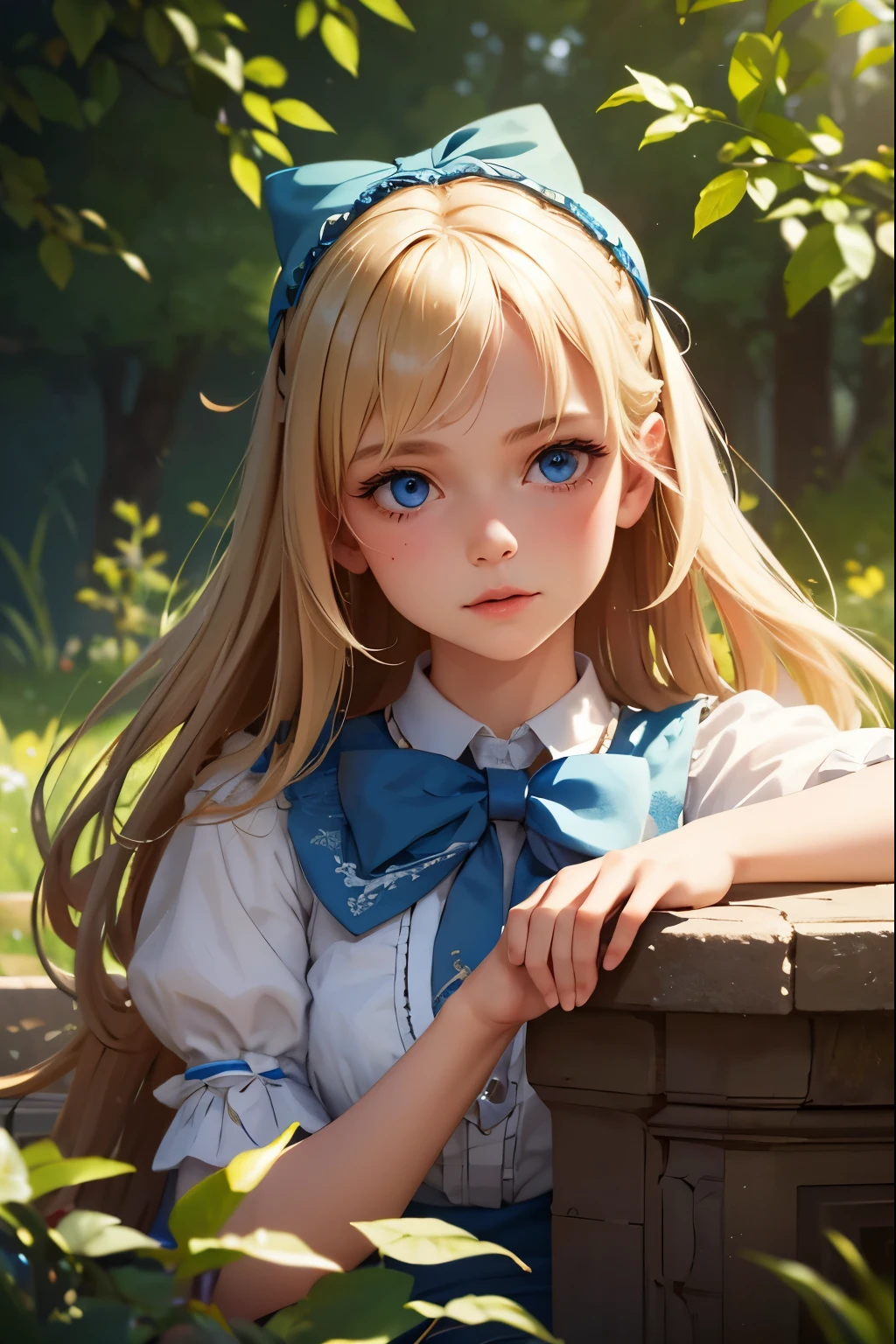 1girl, masterpiece, best quality, 8k, detailed skin texture, detailed cloth texture, beautiful detailed face, intricate details, ultra detailed, Alice in Wonderland, (a bow on her head:1.1), upper body, blonde hair, blue eyes, full body