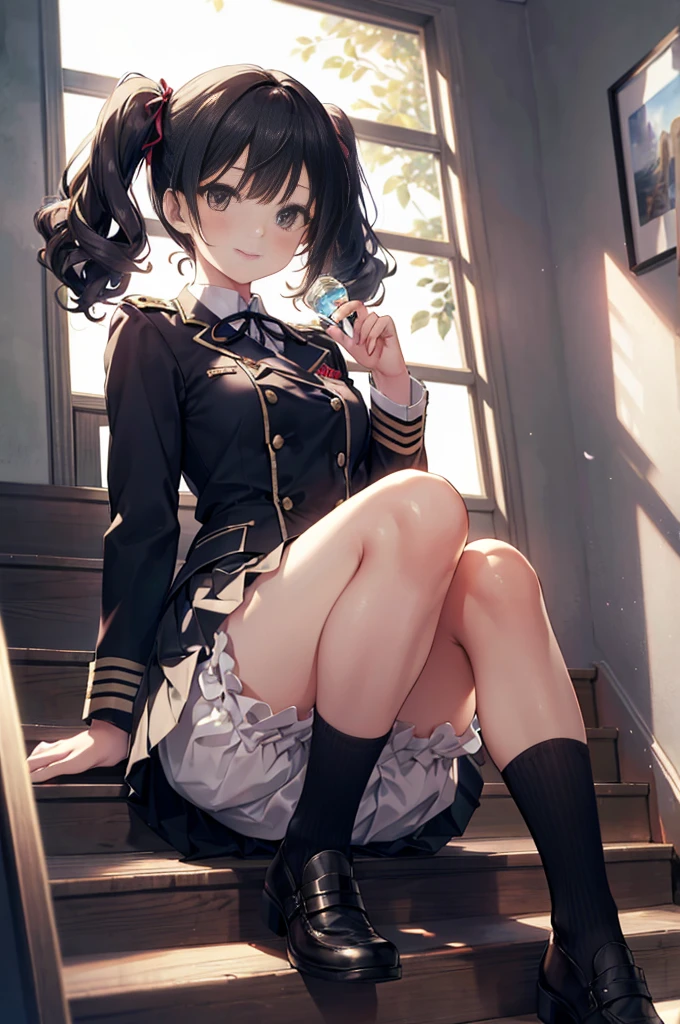 (masterpiece), 4K,woman,long sleeve military uniform,Small breasts,Small Ass,Curly Twin Tails,Black Hair,Lace ribbon,Light bulb lighting,Realistic, skinny, Big smile,((Wear short bloomers under your skirt)),Sitting on the stairs,((Knee-length pleated skirt)),Angle from below the knee