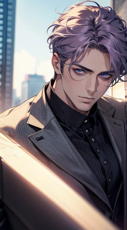 (best quality,4k,8k,highres,masterpiece:1.2),ultra-detailed,(realistic,photorealistic,photo-realistic:1.37),1 man,31 years old,mature man,very handsome,without expression,smile,short grey purple hair,blue eyes,penetrating gaze,perfect face without errors,imposing posture,businessman,office background,cinematic lighting,hdr imagep