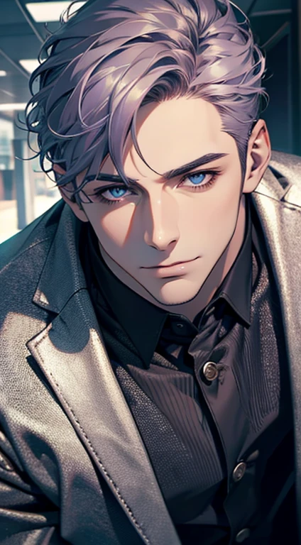 (best quality,4k,8k,highres,masterpiece:1.2),ultra-detailed,(realistic,photorealistic,photo-realistic:1.37),1 man,31 years old,mature man,very handsome,without expression,smile,short grey purple hair,blue eyes,penetrating gaze,perfect face without errors,imposing posture,businessman,office background,cinematic lighting,hdr imagep