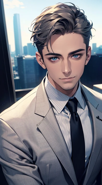 (best quality,4k,8k,highres,masterpiece:1.2),ultra-detailed,(realistic,photorealistic,photo-realistic:1.37),1 man,31 years old,mature man,very handsome,without expression,smile,short grey hair,blue eyes,penetrating gaze,perfect face without errors,imposing posture,businessman,office background,cinematic lighting,hdr image