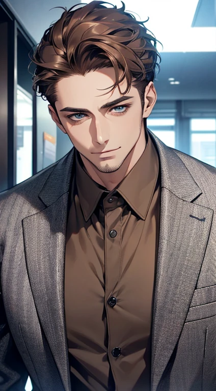 (best quality,4k,8k,highres,masterpiece:1.2),ultra-detailed,(realistic,photorealistic,photo-realistic:1.37),1 man,31 years old,mature man,very handsome,without expression,smile,short grey brown hair,blue eyes,penetrating gaze,perfect face without errors,imposing posture,businessman,office background,cinematic lighting,hdr image