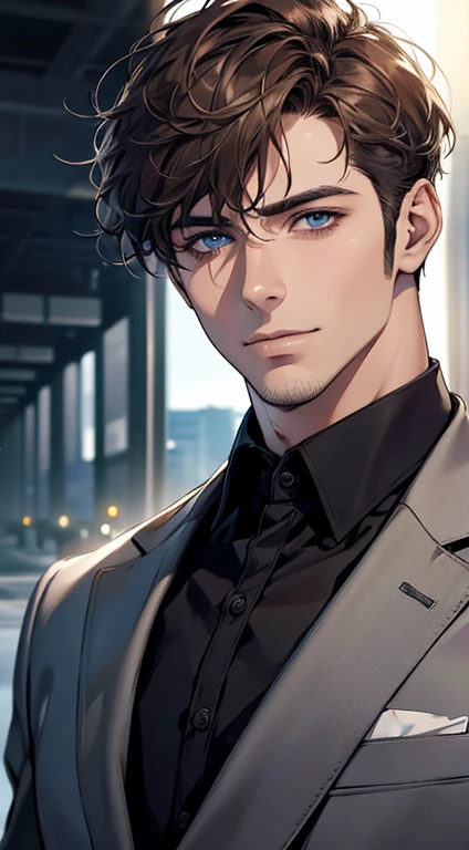 (best quality,4k,8k,highres,masterpiece:1.2),ultra-detailed,(realistic,photorealistic,photo-realistic:1.37),1 man,31 years old,mature man,very handsome,without expression,smile,short grey brown hair,blue eyes,penetrating gaze,perfect face without errors,imposing posture,businessman,office background,cinematic lighting,hdr image