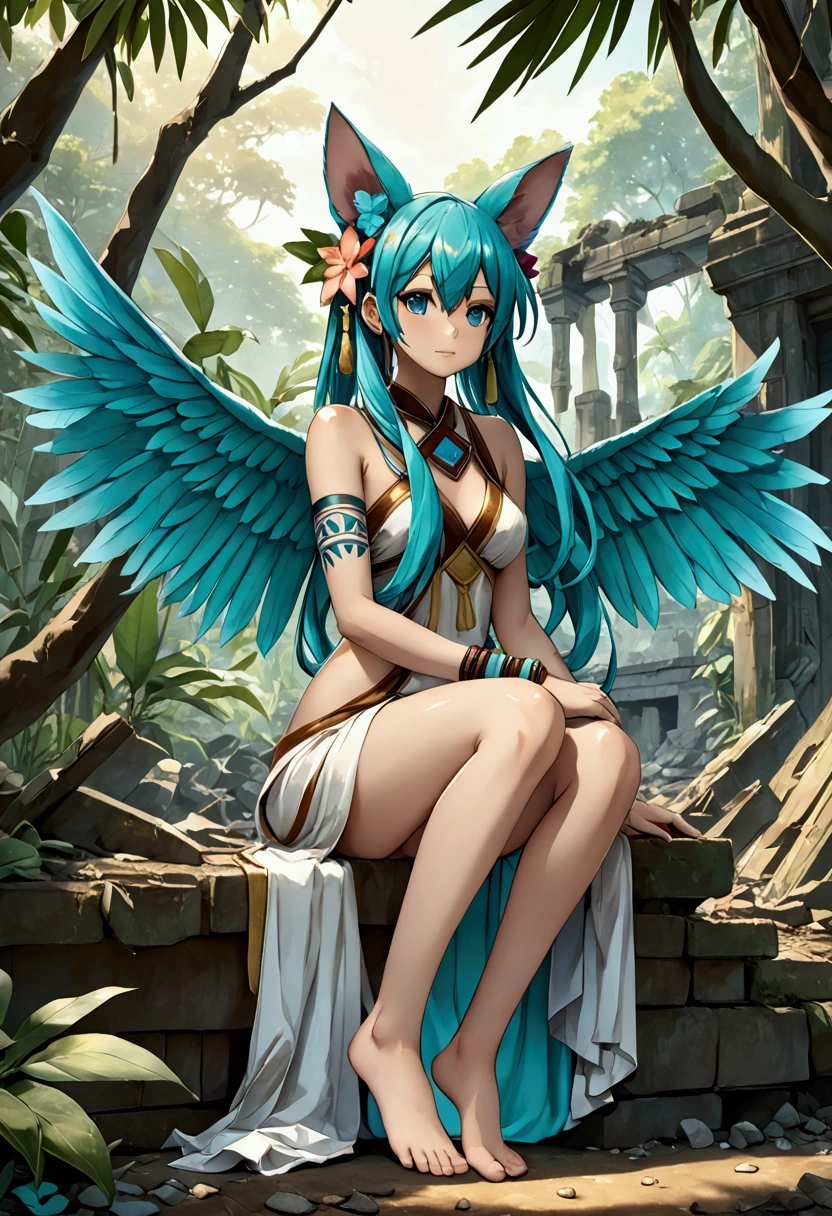 Miku Hatsune, add high definition add_detail:1, blue fur,kitsune ears, tribal tattoo add_detail:1, in ruins in the jungle, barefoot, tribal costume add_details:1, giant aquamarine feather wings_detailsl:1 ,alas hermosas la mejor calidad y detail en las plumas, add blue saturation light_detailsl, sensual pose