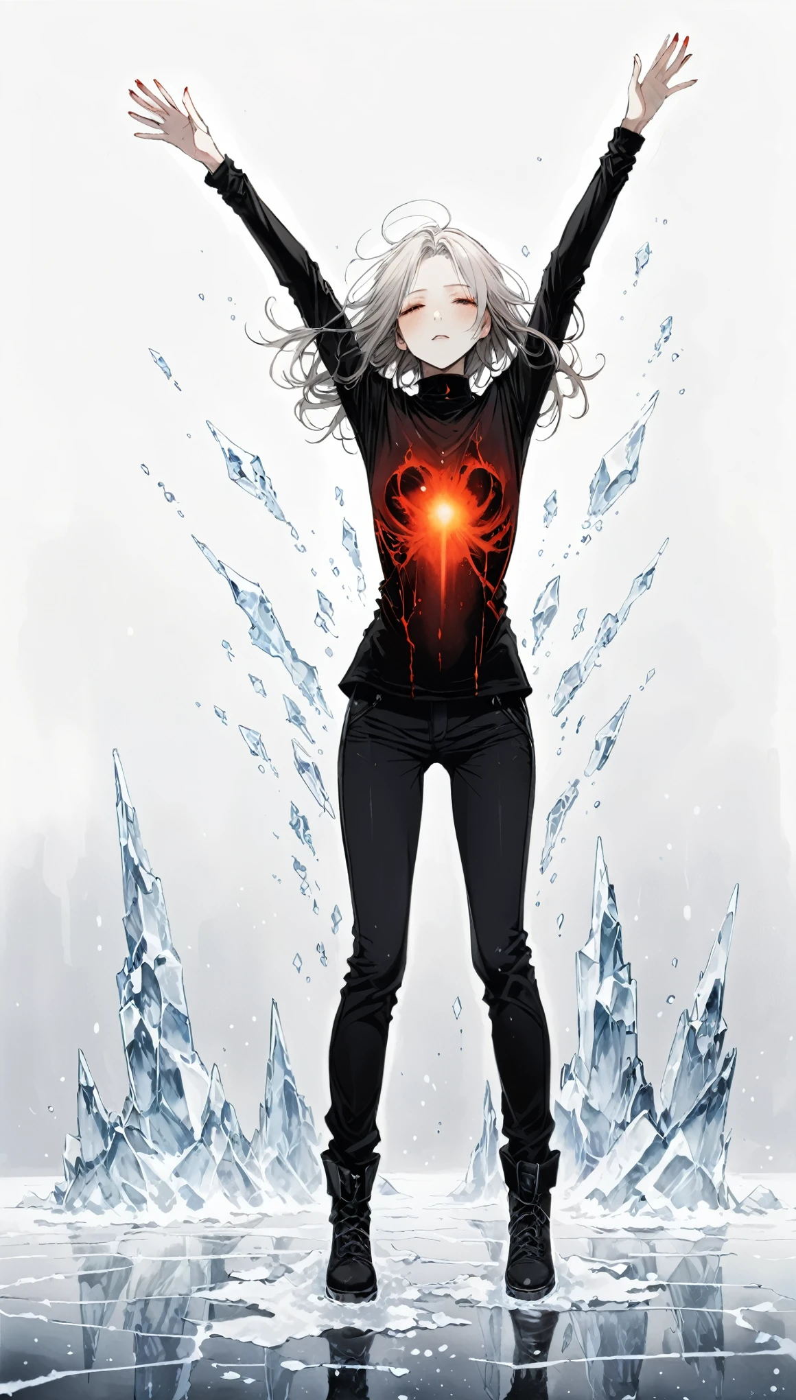 {in style of Santiago Caruso:1.1}
1girl,white_background,red and black radiation gradient long sleeve t-shirt,,whole body,ice surface,arms open,hands in sleeves,black trousers,small chest