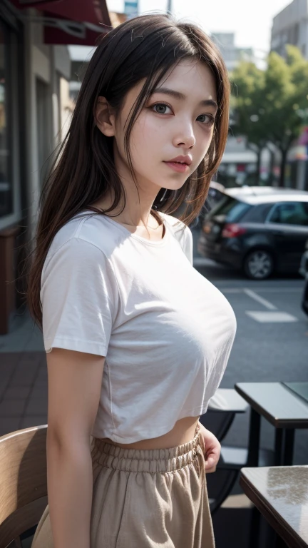 8k, artwork, Highest quality, Realistic, Very detailed, 1 girl, Realistic skin texture, Large Breasts, Behold the Beholder, , Loose mid-cut T-shirt,, The shirt has less fabric, Down , Micro Mini Skirt, , Cinema Lighting, Face Focus, Narrow eyes, Facial details, Bright Face, Light of the sun, Outdoor cafe in the background, Low angle shot, Downからの眺め
# An instant production device will be installed on the roof of Corona., Queen., Nova York. that'sunset, The sky is shining with brilliant colors, Create a great background for your scene. The woman is posing confidently, Exudes elegance and dignity. Add a playful touch to a sophisticated look. The rooftops are shining with the warm city lights, The presence of dazzling neon lights dotting the horizon、The atmosphere increases。.。. 画像はHighest qualityです, シャープなフォーカスとVery detailedな機能, Capturing every nuance of a woman'Facial expressions and surroundings. The overall effect is realistic and immersive, HDR rendering enhances rich colors and textures.