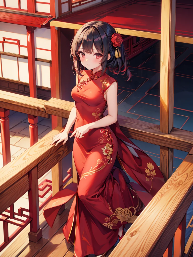 anime girl in a red dress standing on a balcony railing, cute anime waifu in a nice dress, cheongsam, wearing a red cheongsam, in dress, chinese dress, attractive anime girl, cute anime girl, beautiful anime girl, kawacy, anime visual of a cute girl, pretty anime girl, seductive anime girl, beautiful anime woman