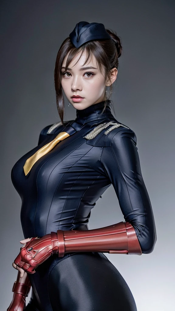 masterpiece, best quality, sfJuli, black eyes, brown hair, hat, yellow necktie, red gloves, navy ribbed bodysuit, large breasts, emotionless, looking at viewer, ((Wide-angle lens)),(japanese woman),epic realistic,8K,masterpiece, highest quality, Very detailed, ( glossy skin,:1.2),(Surrealism),8K,masterpiece, Highest quality, Very detailed,(real detail pantyhose:1.2),slender body,Bodyline,(wearing riding boots),(white Background:1.2),
Super tight costume,bangs、
(Highest quality:1.3),
RAW Photos,,
High resolution,
Perfect detail,
Professional photography,
Professional Lighting,
Powerful lighting for costumes,attractive whole body image、Cinema Lighting、Ray Tracing、Wear a tight-fitting bodysuit、Simple Background、35 year old female、Spandex Bodysuit、whole body、Spandex Costume,Clothes with a shiny texture,