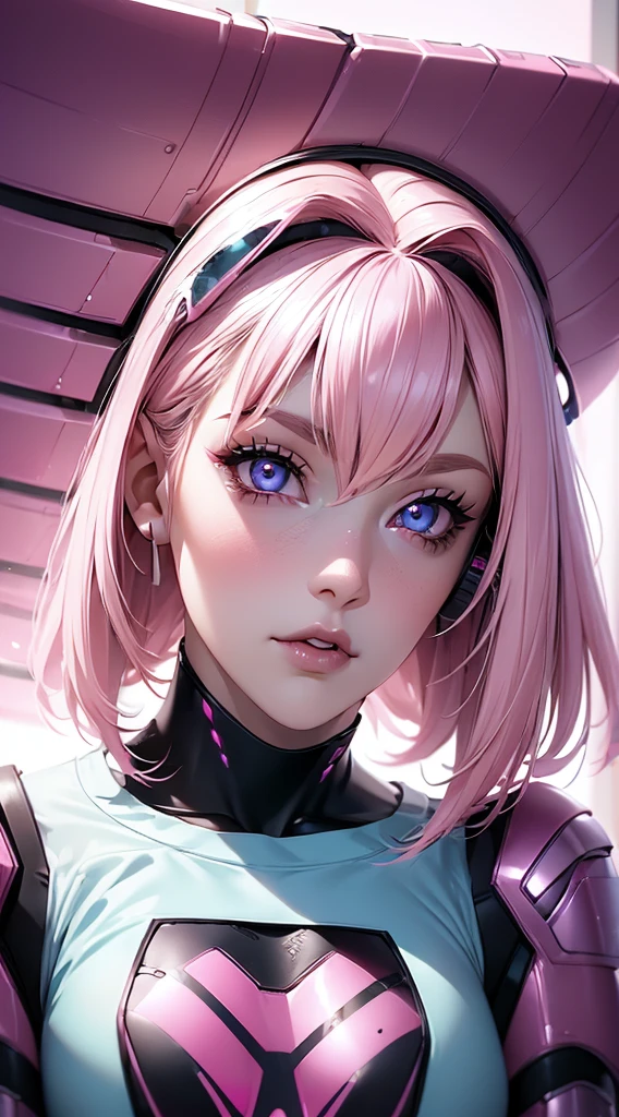 futuristic clothing, medium pink hair, blue colored eyes, pale skin, demon, claws, bangss, gothic art, full body shot shot, elegant pose, ssmile, Romanticism, work of art, anatomically correcte, high qualiy, super detaill, best qualityer, 4K, 8k, Perfect Woman, the most beautiful woman, her face has to be symmetrical and beautiful, baby pink hair, best qualityer final, beautfull woman, speech bubble, Galaxy,60s,70s,80s,colorfully,cosmo,space, VERY DETAILED EAR FLARERS, detailed pink hair, ((((wear t-shirt writing ((karry66)))), delicate and well-detailed face, (((pink cyberpunk armadura))), proportional face