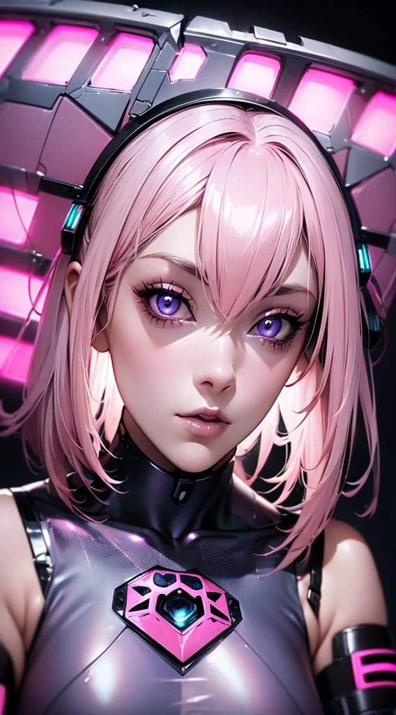 futuristic clothing, medium pink hair, blue colored eyes, pale skin, demon, claws, bangss, gothic art, full body shot shot, elegant pose, ssmile, Romanticism, work of art, anatomically correcte, high qualiy, super detaill, best qualityer, 4K, 8k, Perfect Woman, the most beautiful woman, her face has to be symmetrical and beautiful, baby pink hair, best qualityer final, beautfull woman, speech bubble, Galaxy,60s,70s,80s,colorfully,cosmo,space, VERY DETAILED EAR FLARERS, detailed pink hair, ((((wear t-shirt writing ((karry66)))), delicate and well-detailed face, (((pink cyberpunk armadura))), proportional face 