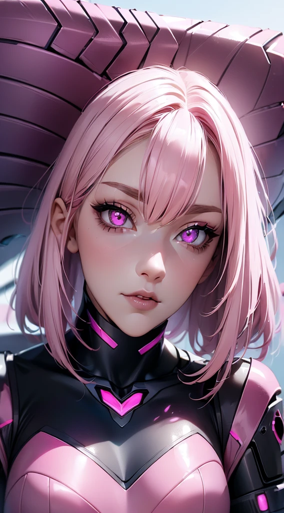 futuristic clothing, medium pink hair, blue colored eyes, pale skin, demon, claws, bangss, gothic art, full body shot shot, elegant pose, ssmile, Romanticism, work of art, anatomically correcte, high qualiy, super detaill, best qualityer, 4K, 8k, Perfect Woman, the most beautiful woman, her face has to be symmetrical and beautiful, baby pink hair, best qualityer final, beautfull woman, speech bubble, Galaxy,60s,70s,80s,colorfully,cosmo,space, VERY DETAILED EAR FLARERS, detailed pink hair, ((((wear t-shirt writing ((karry66)))), delicate and well-detailed face, (((pink cyberpunk armadura))), proportional face 