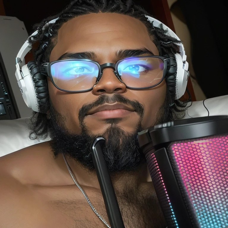 there is a man negro with headphones from ear and a pair of glasses holding a speaker, with headphones from ear, Serpentina do Twitch / gamer ludwig, taken at the beginning of 2020, new album cover, sitting in front of a microphone, with headphones from ear, profile photo 1024px, Thick, thick lens glasses, Wearing Headphones, playing music, profile picture with headshot