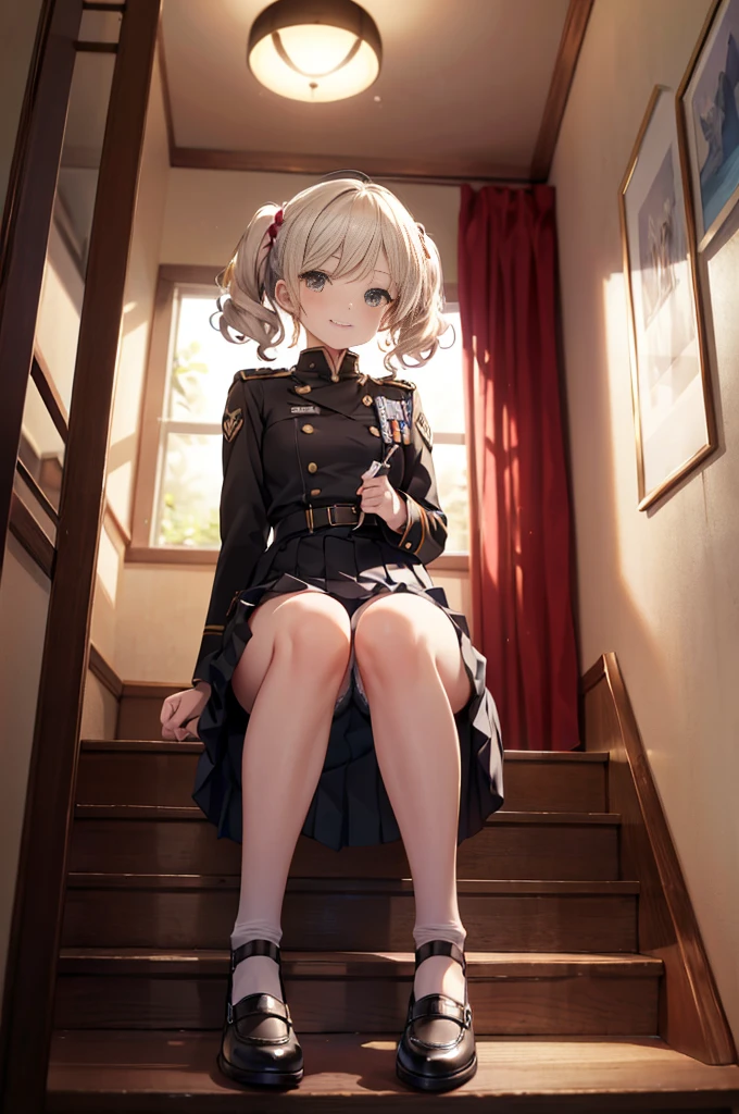 (masterpiece), 4K,woman,long sleeve military uniform,Small breasts,Small Ass,2 feet,Curly Twin Tails,Light bulb lighting,Realistic, skinny, Big smile,((Wear short bloomers under your skirt)),Sitting on the stairs,((Knee-length pleated skirt)),Angle from below the knee