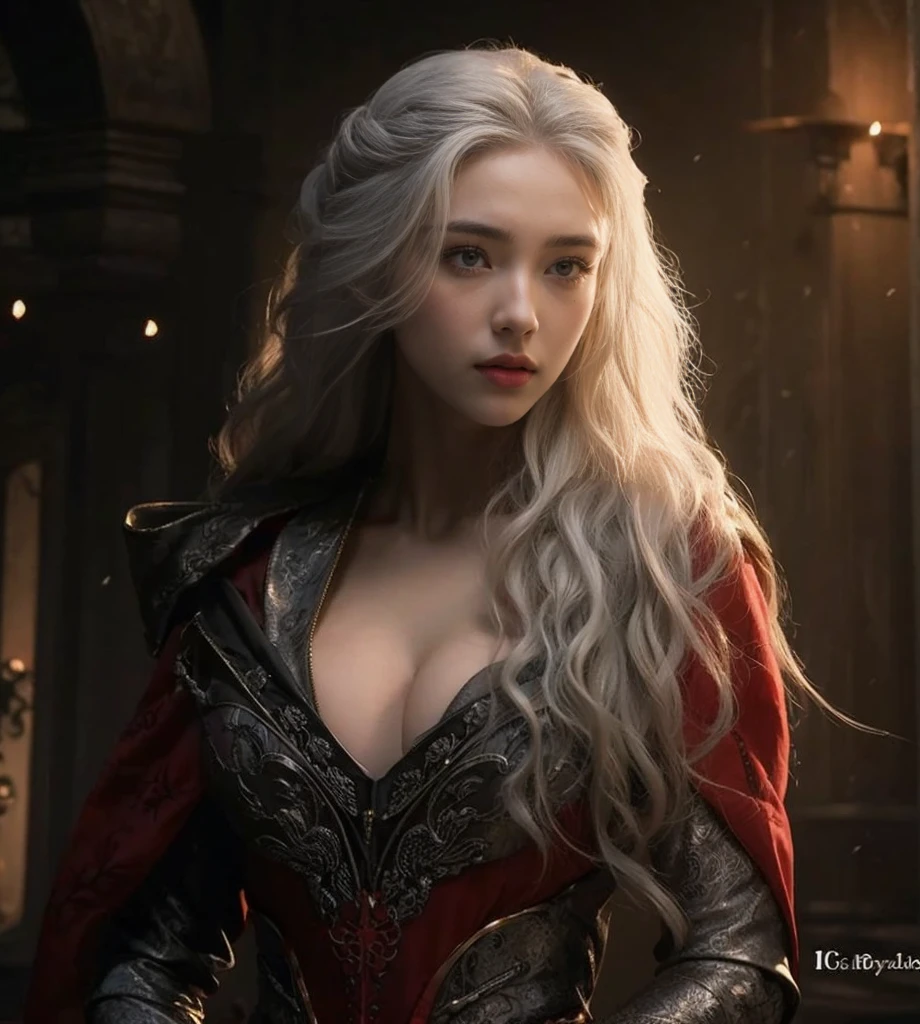 Golden silver hair, Pale skin, large eyes, full lips, Targaryen, cleavage and big breasts