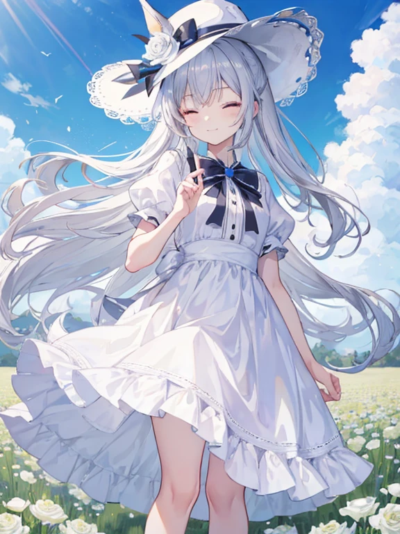 Manga Mad Lady Nia Liston、big round hat、Girl（８About the age）、Silver Hair、Right hand with index finger up、Right index finger over mouth、White dress、summer、A large flower field in the background、The left hand is placed on the knee、One eye closed、A little wicked smile、A white rose on the hat、girl、、Smooth skin、Beautiful face、finely、Long Hair、Are standing