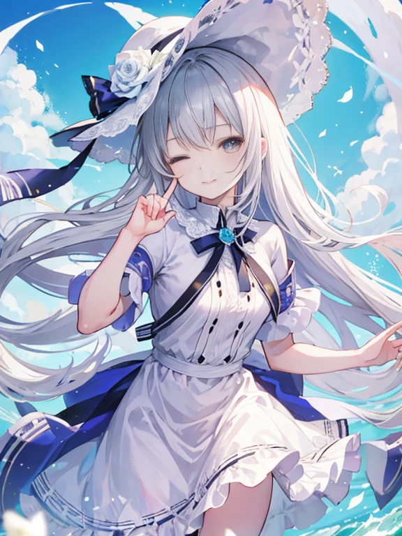 (RAW image quality:1.4), 1 girl, 13 years old, Japanese, A woman wearing a blue and white lolita costume、floating in the sky with magical power, Reflecting the strength of her determination,Because she embodies the power of the forces of nature in battle.official art, 8k wallpaper, Super detailed, beautiful and aesthetic, beautiful, masterpiece, highest quality,(Pay attention to the thighs),pretty face,naughty smile, eye details,small bust、delicate body shape、(Wind,outstanding pale straight hair,floating skirt),white panties, (wonderful bright blue sky:1.4), biologically correct, full body photo,