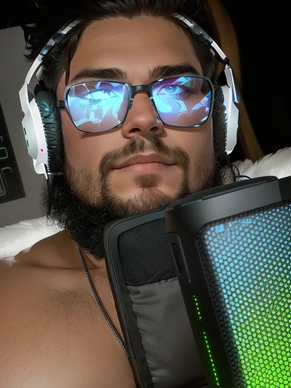 theRe is a man with headphones from ear and a laptop in his lap, twitch stReameR / gamer ludwig, with headphones from ear, pRofile pictuRe 1024px, playing music, with headphones from ear, looking very cool and stylish, Thick, thick lens glasses, taken in the eaRly 2020s, weaRing a gaming headset, weaRing gaming headset, /R/razer