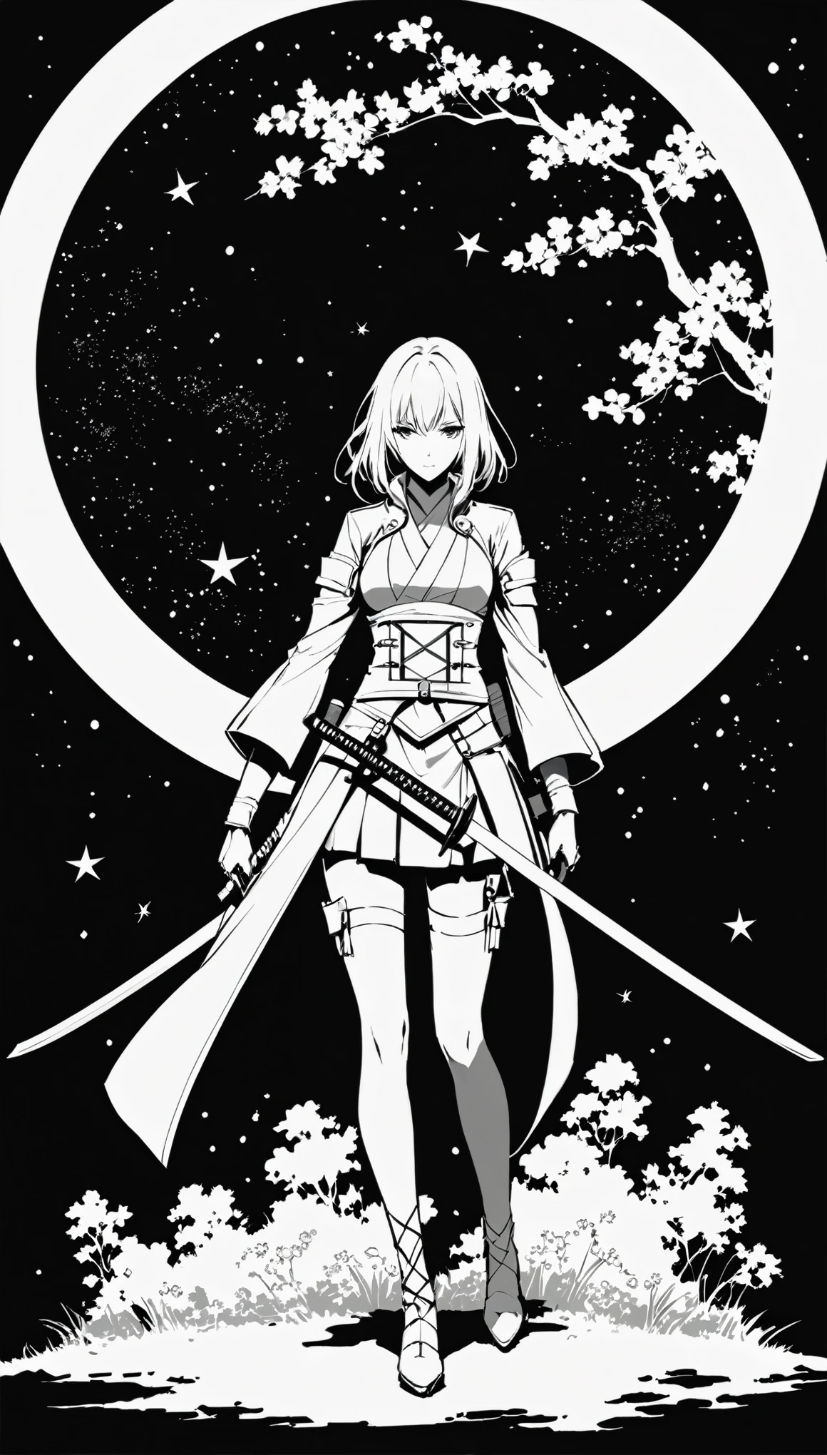 {with the text:"sword and romance":1.6},in style of ashley wood,in style of Giovanni Costa
logo,line art,{minimalist style:1.5},katana ,ring composition,{the focus of the composition is on the outside of the ring:1.4},{in the middle of the ring is a large area of white space:1.4},four seasons in spring, summer, autumn and winter,night