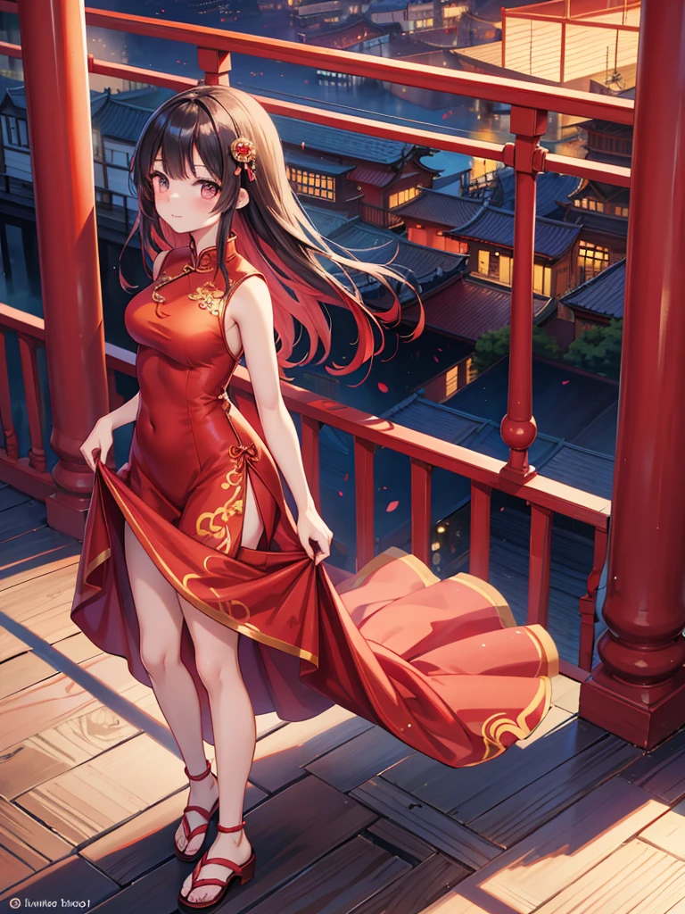 anime girl in a red dress standing on a balcony railing, an anime drawing by Shitao, pixiv, shin hanga, cute anime waifu in a nice dress, cheongsam, wearing a red cheongsam, in dress, chinese dress, attractive anime girl, beautiful anime girl, cute anime girl, kawacy