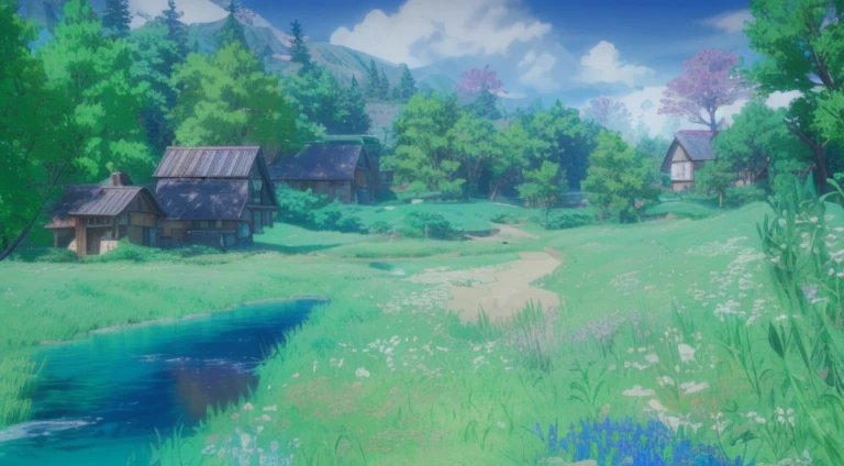 Stylized scene, anime countryside landscape, anime landscape, detailed scenery, pc screenshot, hyper-detailed environment, hyper detailed scene, highly detailed environment, beautiful screenshot, detailed environment, distant village background, lush scenery, complex detailed environment, detailed photo of virtual world, ultradetailed environment, anime scenery, velly distant forest