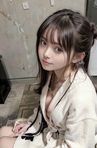 best quality, detailed, beautiful, insanely detailed, absurdres,perfect anatomy,
Japanese woman,black hair,27 years old,
(slender),
(small breasts),
nsfw,(pubic hair:1.5),(open_pussy:1.0),
cheerful grin, sitting on the floor, (cross-legged:1.1), hair bun, (white bathrobe),(The front of the bathrobe is exposed:1.2), in the living room, closeup shot, from front, low angle shot, NSFW, NAKED, NUDE