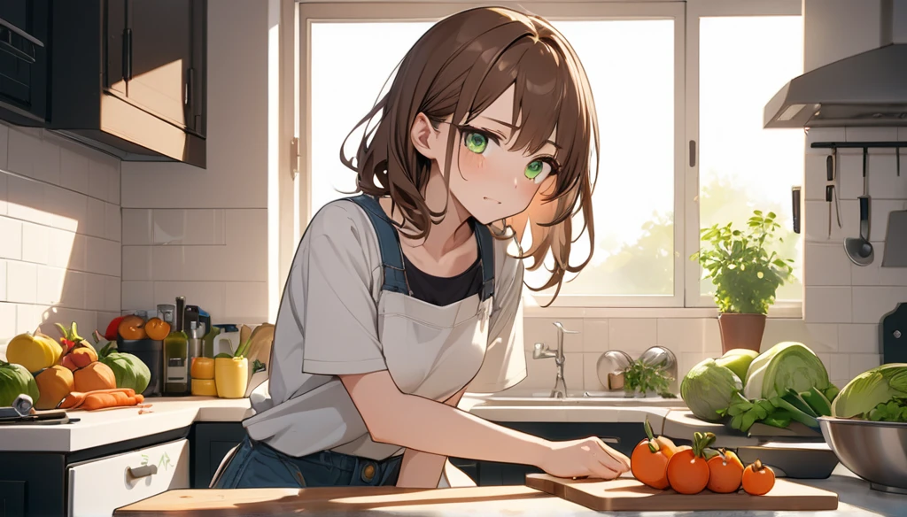 Brown-haired girl、green eyes、Calm Afternoon - Very detailed、masterpiece, Highest quality, Bright - With a bright kitchen as the background、Relaxed facial expression、Casual clothing、chopping vegetables on the chopping board、(Detailed fingers), (Emotional), (Breathtakingly beautiful), (main part:1.2 Whole body), (Anime Style), (Very detailed), (超High resolution, High resolution), (8k), (Complex and beautiful: 1.2)