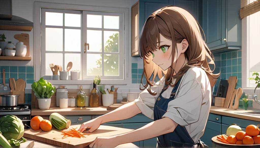 Brown-haired girl、green eyes、Calm Afternoon - Very detailed、masterpiece, Highest quality, Bright - With a bright kitchen as the background、Relaxed facial expression、Casual clothing、chopping vegetables on the chopping board、(Detailed fingers), (Emotional), (Breathtakingly beautiful), (main part:1.2 Whole body), (Anime Style), (Very detailed), (超High resolution, High resolution), (8k), (Complex and beautiful: 1.2)
