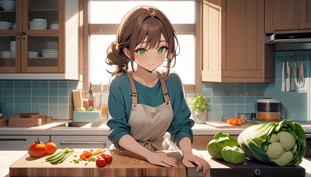 Brown-haired girl、green eyes、Calm Afternoon - Very detailed、masterpiece, Highest quality, Bright - With a bright kitchen as the background、Relaxed facial expression、Casual clothing、chopping vegetables on the chopping board、(Detailed fingers), (Emotional), (Breathtakingly beautiful), (main part:1.2 Whole body), (Anime Style), (Very detailed), (超High resolution, High resolution), (8k), (Complex and beautiful: 1.2)
