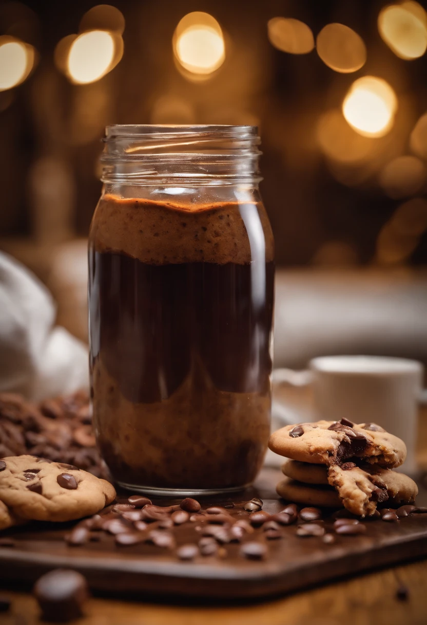 Um cookie marrom( cookie grande); chocolate drops on top; chocolate syrup running down to the base; PICTURE REALISTIC; 8k image; fotografia 3D de um biscoito cookie rechonchudo(chocolate chips and chocolate syrup running down); Brown fay cookie; on a wooden table(at the bakery); night; lights