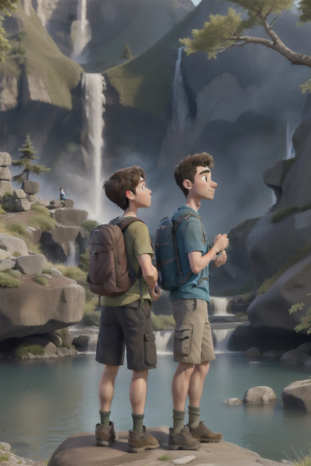 work of art, best qualityer, a couple with hiking clothes and backpacks on their backs, standing in front of a waterfall