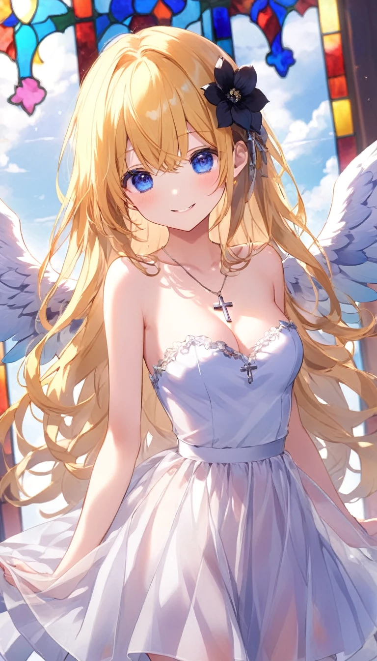 girl１people、 Long Hair, blue eyes, Blonde, dress, Exposing shoulders, clavicle, wing,Strapless, Strapless dress, Angelのwing, 白いwing, Angel, Angelの輪,Outdoor、A kind smile、blush、White Skirt、Micro Mini Skirt、Very short skirt、Show me your breasts、白いdress、((See-through))、((服がSee-through))、((See-through)),church、Stained glass、indoor、cross、Spread your arms、Put your arms forward、Black Flower