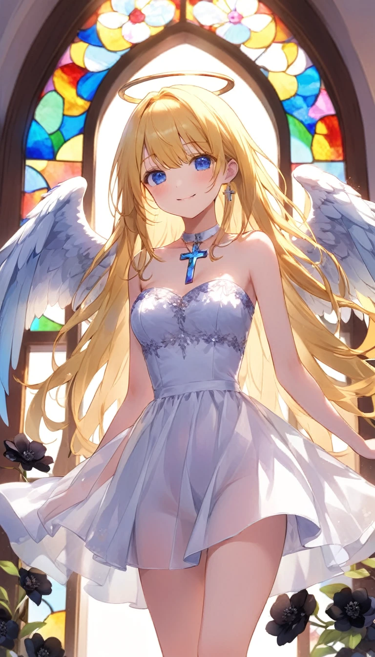 高いquality illustration, masterpiece, Very delicate and beautiful, Audience reaction,Slender body,slim,Beautiful Eyes,(masterpiece, Highest quality:1.2), High resolution, Very detailed CG ユニティ 8k 壁紙, Perfect lighting, colorful, 超High resolution,4K,Very detailed, photograph, 8k, High resolutionolution,girl1people、 Long Hair, blue eyes, Blonde, dress, clavicle, wing, Angelのwing, 白いwing, Angel, Angelの輪,Outdoor、A kind smile、blush,church、Stained glass、indoor、cross、Spread your arms、Put your arms forward、Black Flower、Feathers fluttering、Surrounded by men、Man is watching、male enhancement、((Completely naked))、((Pussy))、((Nipples))、((navel))、((Thigh))