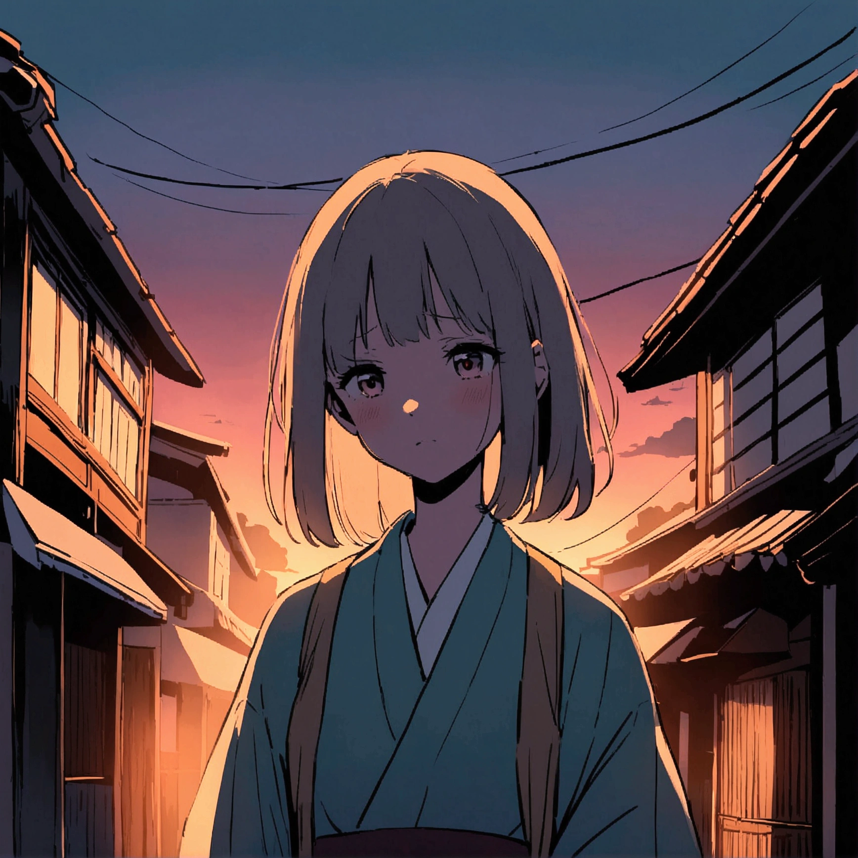 Summer, Japanese town, Dusk, Women, Pop, Clear lines, Faint light, Nostalgic, Sad