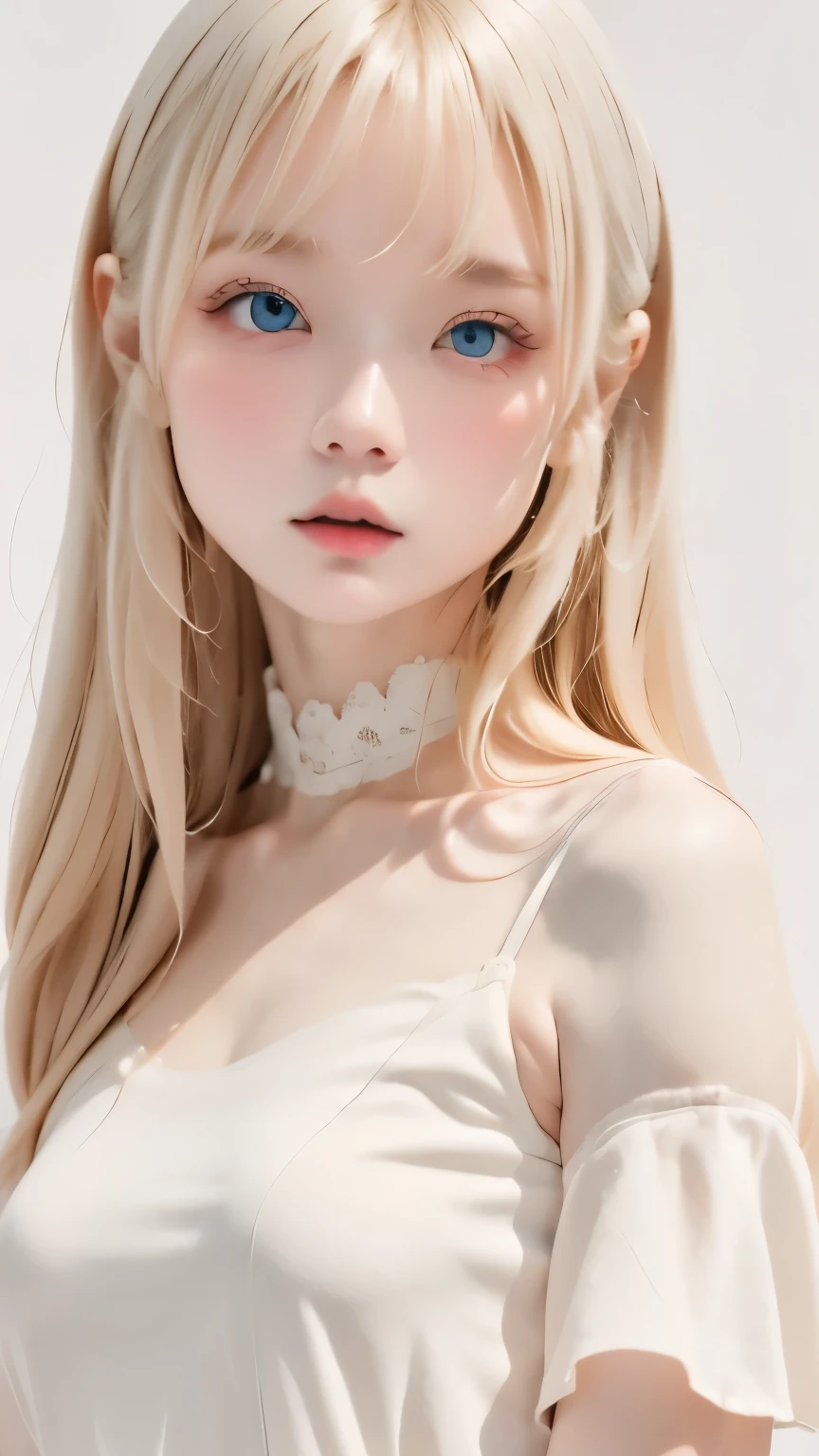 Highest quality、masterpiece、超High resolution、８ｋ、Portrait、Film Grain、(((White Background:1.3)))、Upper body angle、(((1 albino girl、Cute Face、pretty girl))), ************,(((The eyes are white:1.3)))、White Dress、((White shirt:1.3、White Block Dress)), Tyndall effect, Realistic, Shadow Studio,ultramarine、illumination, Dual tone illumination, (Skin with attention to detail: 1.2)、薄Dark illumination、Dark illumination、 photograph, High resolution, 4K, 8k, Background Blur,Beautiful fade out、White world、White Background