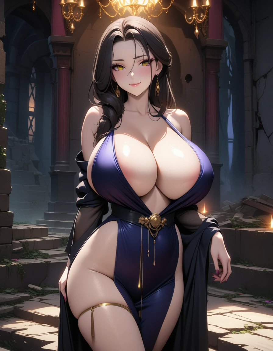 (A bewitching 35-year-old Japanese widow, Outside, in the ruins of the horrific war she caused, the eerie moonlight illuminates the burnt plains, pale and pale, and the corpses piled high in the sky. She indulges in pleasure, taking on a mysterious and lascivious pose., her porcelain doll-like complexion illuminated by soft golden lighting. Her raven tresses cascading down her back like a waterfall of night, as she gazes seductively into the camera with an air of sly sophistication. She's dressed in a provocative black kimono, its silk folds teasingly parted to reveal a hint of creamy skin. The framing of the shot accentuates her curves, while her eyes seem to dare you to succumb to her charms. Her full lips curved into a subtle smile, as if she's already ensnared her next victim.), (masterpiece, incredibly absurd resolution, absolutely resolution, ultra high resolution, Mature Female, MILF, professional, vivid colors, perfect anatomy, ideal facial features, ideally proportioned figure, perfectly beautiful body, super detailed skin, glossy skin, glistening skin, Glamor, soft and curvy, body conscious, collarbone, cleavage, saggy huge breasts), ((evil seductive smile))