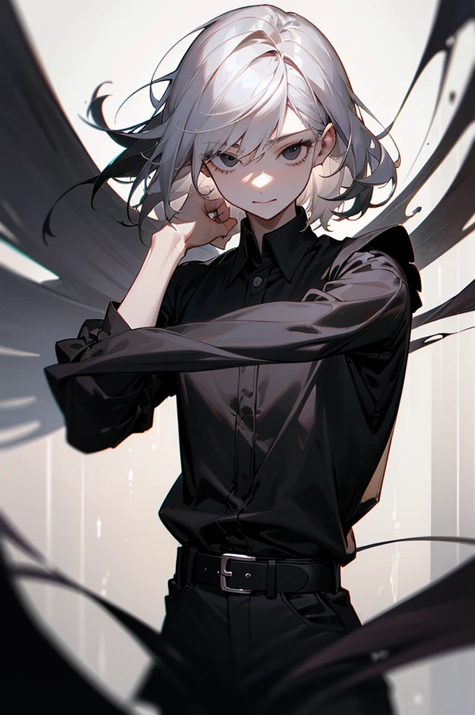 highest quality、best quality、8k、ultra high resolution、highest quality、super detailed、perfect face、very detailed、very delicate、1 boy, ((solo))、(scared), Gorgios、 dark,soft hair、shoulder-length hair、medium hair((Black hair on the left and white hair on the right))、((Black eyes)),Black long-sleeved shirt,Black shorts、belt、 full of confidence, smile, close your mouth、expressive eyes, collofull eyes, contrast, shadowy,digital art, shining eyes, Intimidating, damaged, detailed face、Detailed eyes、Detailed background、 dark background, Based on white and black、black liquid