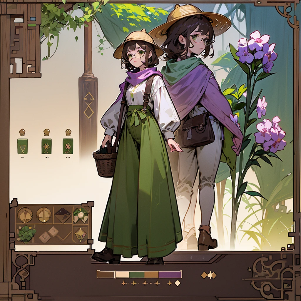 (Masterpiece, best quality), detailed, 1 gardener woman, (character concept art), (character design sheet, reference sheet, same character, front, back), full body, body complete, 1 gardener female, 1 gardener women. Character design sheet full body, Highly detailed, character sheet, character design, Many parts, pale skin, olive green eyes, glasses, rounded square brown lenses, short brown curly hair, lavender flower, flat chest, garden hat, gardening hat, a lavender flower in the hat, a small purple scarf around the neck, pants, Ecofashion, Ecopunk, Ecology, Earthy clothing, gardening clothing, gardening, garden, Solarpunk, Solarpunk reference, Solarpunk inspired, cottagecore aesthetic, cottagecore, pants, gold details, pastel purple, green and brown color palette for the clothes.