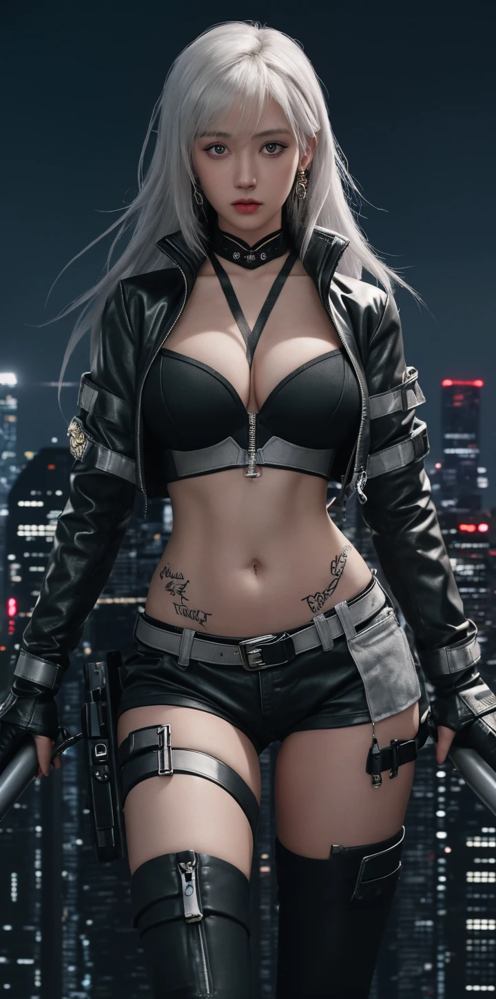 ((((In combat:1.4))))、(Browsing Caution:1.2)、((Too much exposed skin))、Very beautiful woman、Slender women、(Detailed face)、Realistic Skin、((Delicate photo)),(Girl masterpiece RAW photo details:1.25), (Highest quality:1.6), (Ultra-high resolution:1.5), (Realistic:1.75), 8K resolution, Canon EOS R5, 50mm, Absurd, Super detailed,Cinema Lighting、One Girl, 白hair,((princess_cut))、smile、 Window Shades,((Super tight light blue jacket coat)), Chest Rig, cyber punk, ((Techwear)),I can see your abs、Good top、((Big Breasts))、((The abdomen is visible))、(((Very subtle and futuristic design)))、((sexy wedgie))、((logo))、((Characters on clothing))、((With the weapons of the future))、((Posing))、(((blunt bangs)))