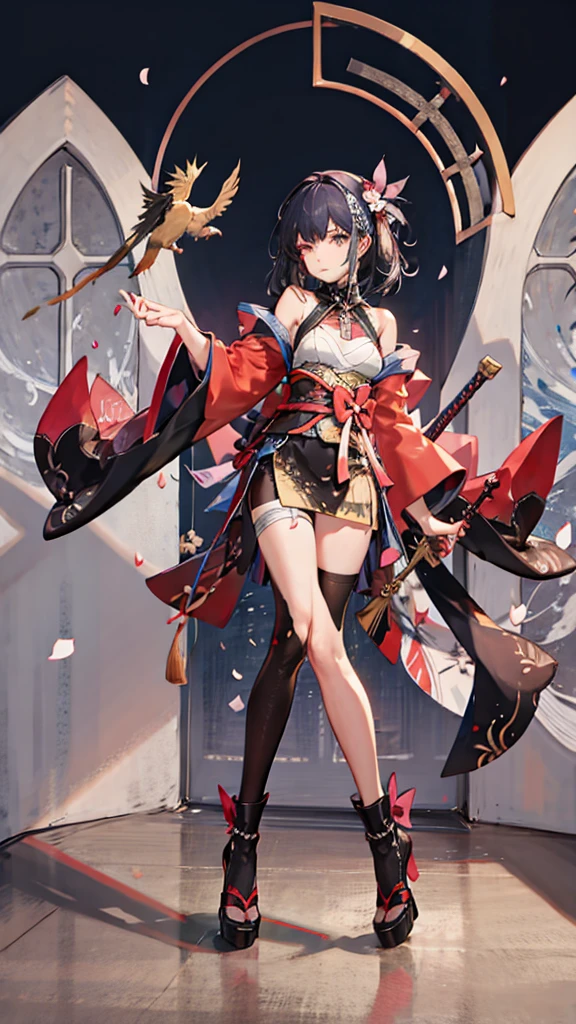 (((((roll up bandage sideways on a chest tightly to cover the chest without gaps))))), (((bandage samweways))), the bantage is no chest shape, flat chest, ((Japanese Gangster BOSS)), adult woman with the dignified presence, Killing Qi, wear nothing around shoulder, wear nothing around neck, wear the kimono, wear it below the waist, (I wind it up to control it, and to attach it), ((kimono come off)) ,wear the kimono multiple times, Bare shoulders and the clavicle, black and gold kimono, put on over jacket of kimono, (holding a japanese sword which shine in purple, The handole of the sword is black, and the blade is gray, long sword), eye fire, low angle, whole body, bandage is seen, anime character, Glaring, off sholder, nappropriate smile, Excellent, black blue hair, can see both shoulder, ((long kimono hem)), small face, ((some cherry blossam big tattoo on the arm)),((Sit with your legs folded)), ((background Japanese gate with circlr mark)),Muscular,drink sake,fullmoon in the sky, hide legs, The kimono is spreading,(((ultra-detailed)))