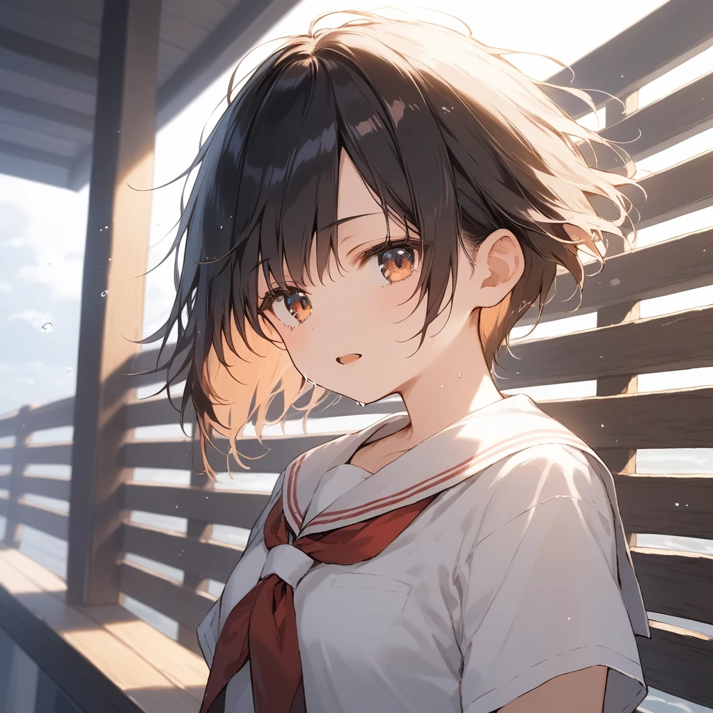 score_9, score_8_up, score_7_up, source_anime, best quality, masterpiece, official art, absurdres, highres, ultra-detailed,waifu2x,Collection: Slice of Life,break,1girl, tomboy, very short hair, pixie cut, breasts, beautiful detailed eyes, expressionless, serahuku, beautiful detailed eyes, sweat, open mouth, sleepily, outdoors, wind, bench,break,(clear line illustration:1.2), super detailed skin,very high resolution, very aesthetic, Best sexual lighting powered by famous artist, 8k,cute picture,beauty illustration,photoshop_(medium),,(Detailed Lighting),best anime 8k konachan wallpaper, pixiv contest winner,