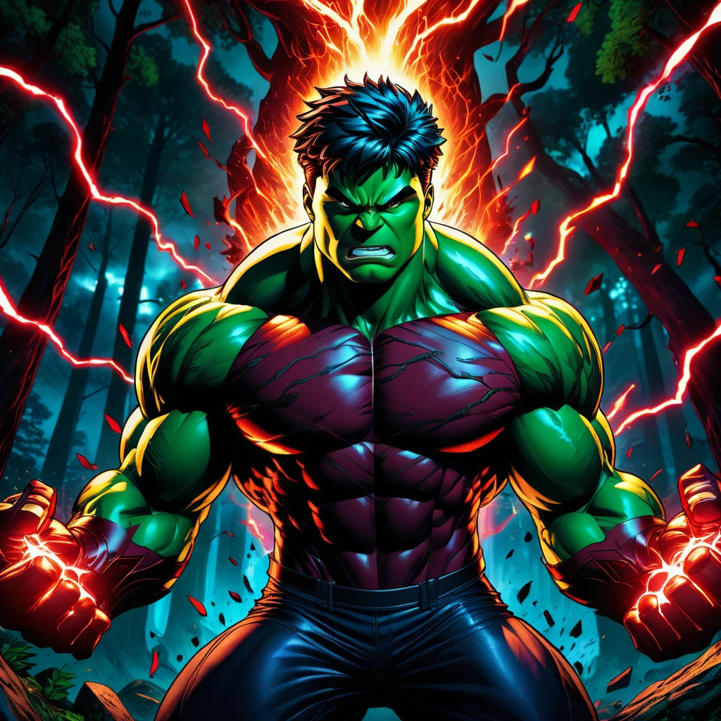 hyper-detailed 1girl in a dark forest at night,hulk-like muscular body with intense red skin,evil expression,vibrant neon comic book style lighting,dynamic cel shaded art,powerful energy explosions surrounding her,8k high resolution photo realistic,hyper detailed,vivid colors,hdr,physically-based rendering