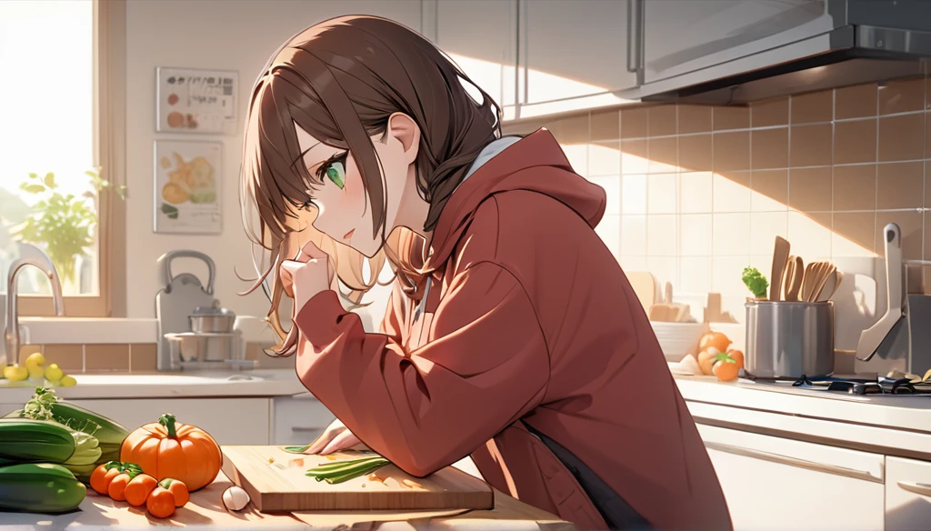 Brown-haired girl、green eyes、Calm Afternoon - Very detailed、masterpiece, Highest quality, Bright - With a bright kitchen as the background、Relaxed facial expression、Casual clothing、wearing hoodie、chopping vegetables on the chopping board、(side view), (Detailed fingers), (Emotional), (Breathtakingly beautiful), (main part:1.2 Whole body), (Anime Style), (Very detailed), (超High resolution, High resolution), (8k), (Complex and beautiful: 1.2)
