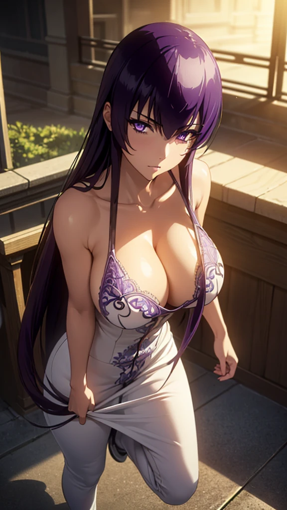 saeko busujima, long hair, purple hair, (purple eyes:1.1), hair between eyes, ((full body)), (masterpiece), (best quality), ultra high res, ultra detailed, detailed eyes, nipple under clothes, intricate, 1girl, looking at viewer, collarbone, ((huge breasts)), (masterpiece:1.2), (best quality), (ultra detailed), (8k, 4k, intricate), (85mm), light particles, lighting, (highly detailed:1.2), (detailed face:1.2), (gradients), colorful, (detailed eyes:1.2), (detailed background)