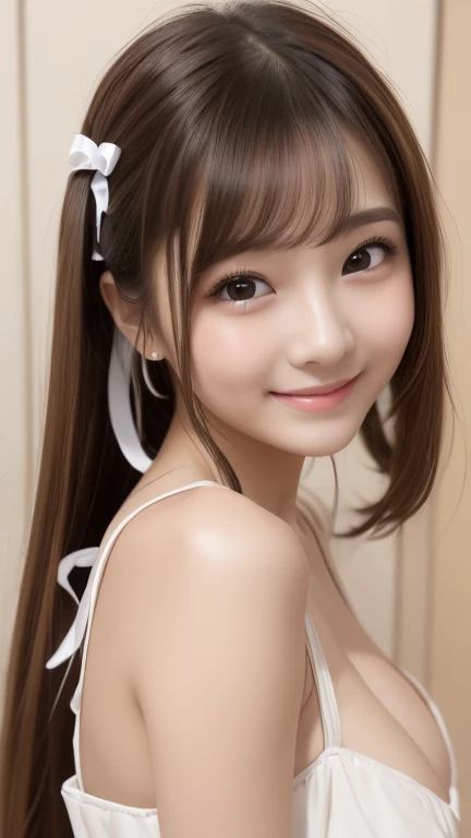 brightexpression、Photorealistic:1.32、highest quality、超A high resolution、Most beautiful Japanese girl photos、Cute and beautiful face details、Small Face、Beautiful bangs、、Radiant, fair, glowing skin、Hair gets tangled in the face、(girl1people:1.3)、Bangs that reach down to the face、bangs、Hair between the eyes、Attractive brown silky hair、bright、Her clear eyes shine charmingly、Dynamic pose、highest quality、Disorganized、((The cutest girl in the world))、Japanese people、((Mini dress with ribbon:1.3))、Newest Brands、Korean Fashion、(Side ponytail hair:1.3)、(Tie with a thin ribbon)、Nice and cute、An innocent smile、nice smile、Cleavage、(Large Breasts:1.3)、(Posing cutely:1.3)、Brown Hair、Small waist、Detailed beautiful eyes、View your viewers、Upper Body、Close-up of face、Front view、