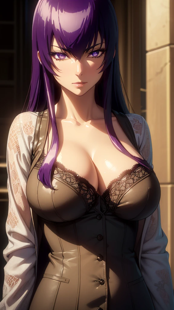 saeko busujima, long hair, purple hair, (purple eyes:1.1), hair between eyes, ((full body)), (masterpiece), (best quality), ultra high res, ultra detailed, detailed eyes, nipple under clothes, intricate, 1girl, looking at viewer, collarbone, ((huge breasts)), (masterpiece:1.2), (best quality), (ultra detailed), (8k, 4k, intricate), (85mm), light particles, lighting, (highly detailed:1.2), (detailed face:1.2), (gradients), colorful, (detailed eyes:1.2), (detailed background)