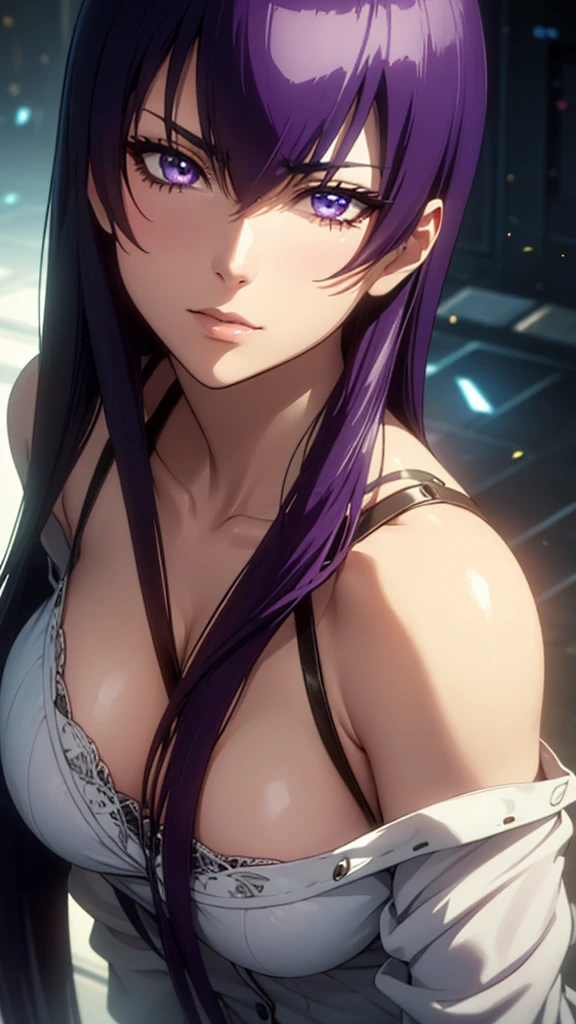 saeko busujima, long hair, purple hair, (purple eyes:1.1), hair between eyes, ((full body)), (masterpiece), (best quality), ultra high res, ultra detailed, detailed eyes, nipple under clothes, intricate, 1girl, looking at viewer, collarbone, ((huge breasts)), (masterpiece:1.2), (best quality), (ultra detailed), (8k, 4k, intricate), (85mm), light particles, lighting, (highly detailed:1.2), (detailed face:1.2), (gradients), colorful, (detailed eyes:1.2), (detailed background)