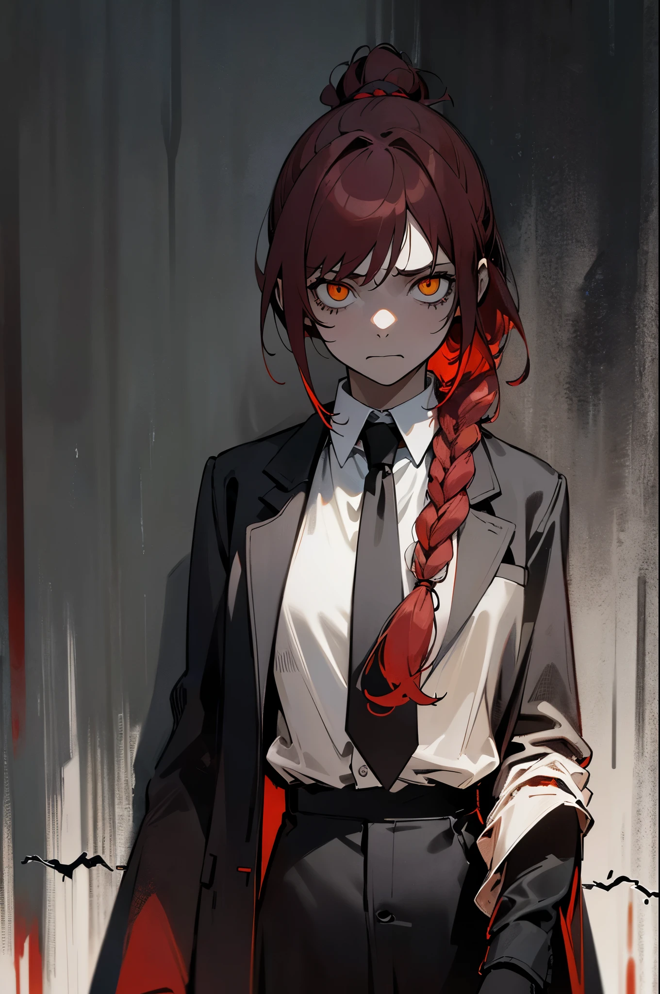 (masterpiece:1.2), best quality, masterpiece, highres, 8k, photorealistic, original, extremely detailed wallpaper, (ultra-detailed), (best illustration), (best shadow), 1girl, (upper body:1.4), makima, red hair, yellow eyes, standing, braided ponytail, ringed eyes, collared shirt, black necktie, black pants, black overcoat, hand in overcoat pocket, blood stains, blood on shirt, blood on face, expressionless, walking towards viewer, ((night, dark atmosphere, dark theme, scary atmosphere, darkness:1.5)), glowing eyes, smoke, looking at viewer, narrow alley, metal bars, blood on floor, blood on walls,
