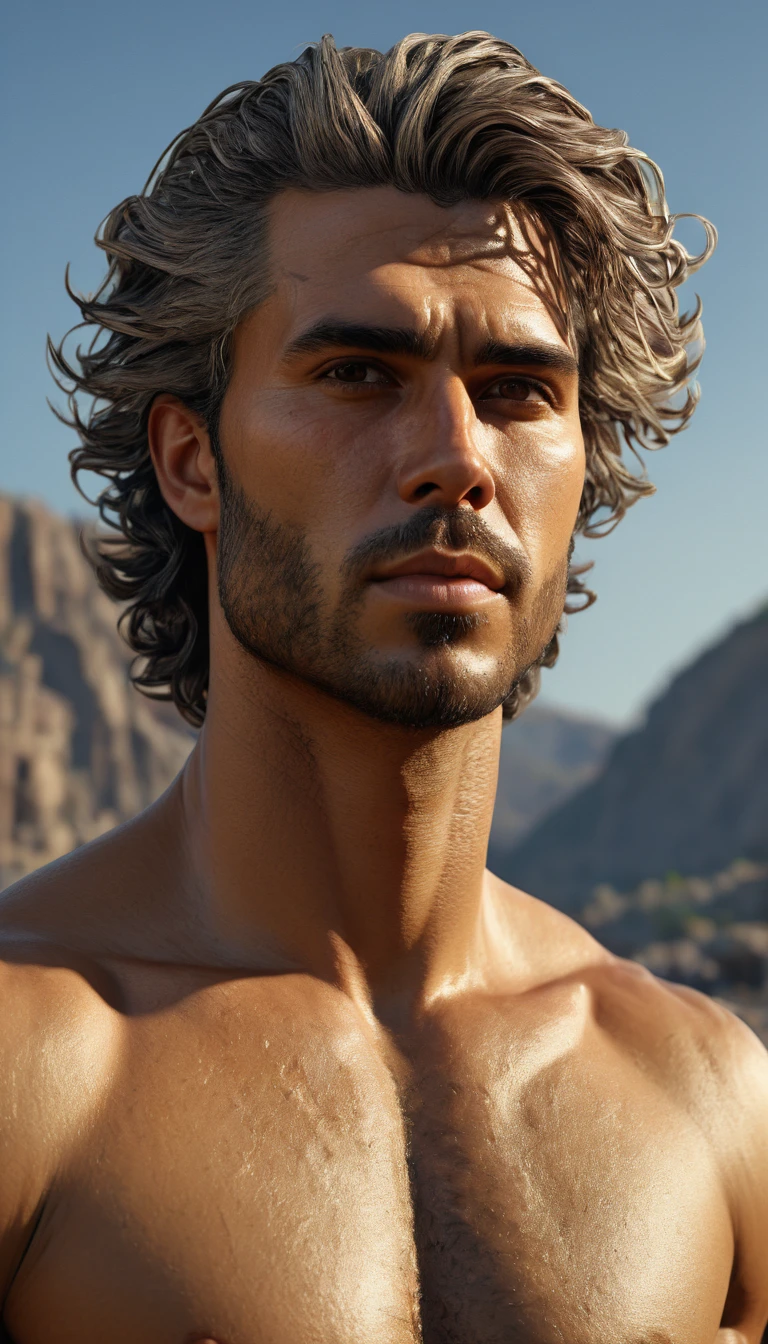 plano general, Whole body:1.4, realist:1.3,( fotorrealist, 8k, RAW Photos, Premium quality, masterpiece, epic lighting. Centered image),((1 single handsome man, self-confident well-trained:1.5))., post-apocalyptic, guerrero, Perfectly detailed face and body:1.4, sunny scene, heat, cinematic lighting,(( anatomically correct face and body:1.5)), dynamic pose, modern and detailed beautiful hair, elegant clothes, moderno textura de piel hyper detailed:1.4)), ((perfect, meticulously detailed:1.3)), ((Best Quality )), ((masterpiece)), 3D, (hyper detailed: 1.3), ((epic landscape: 1.3)), ( Fotorrealist: 1.4), ((Frontal camera)). HD, 32K