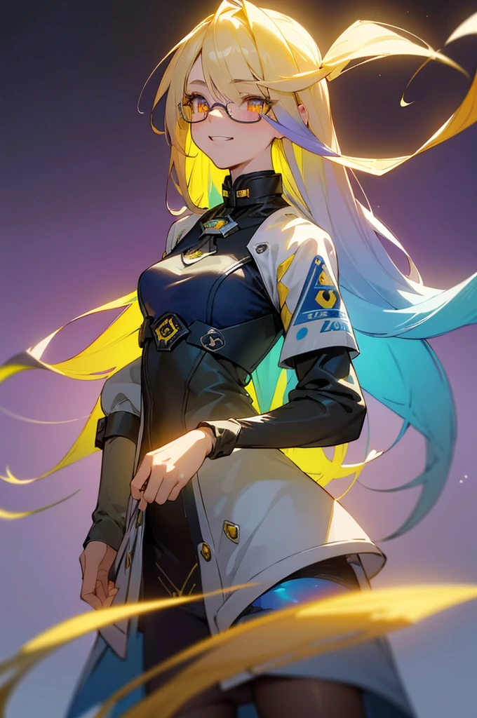 (blonde hair, very long hair, sidelocks), (eyes with a mix of yellow and blue irises:1.5), two-tone eyes, multicolored eyes gradient eyes, white and blue jacket with constellation prints, (best quality,4k,8k,highres,masterpiece:1.2), ultra-detailed, portraits, (HDR:1.1), (vivid colors:1.1), (studio lighting), (bokeh), (highly saturated colors), (soft lighting), (detailed background), (subtle shadows), (ethereal glow), (pastel color palette), (delicate details), (sublime beauty), (feminine charm), (crisp focus), (fine brushwork), (impeccable craftsmanship), (emotional depth), (captivating storytelling), (intriguing narrative), (impressive realism), (exceptional artistry), (masterpiece-worthy), (awe-inspiring), blonde hair, very long hair, sidelocks, (eyes with a mix of yellow and blue irises:1.5), two-tone eyes, (multicolored eyes:2.0) (gradient eyes:2.0), white and blue jacket with constellation prints, (metallic skirt), (pantyhose:1.25), (smirk:1.25), (smug:1.25), (naughty face:1.5), (mischievous:1.25), futuristic clothing, science fiction setting, high-tech, glowing eyes, (unicursal hexagram-shaped irises:1.5), (cowboy shot:1.5), glasses, small glasses, thin glasses, rectangular glasses, small breasts, glowing clothing, (hologram armband1.5)
