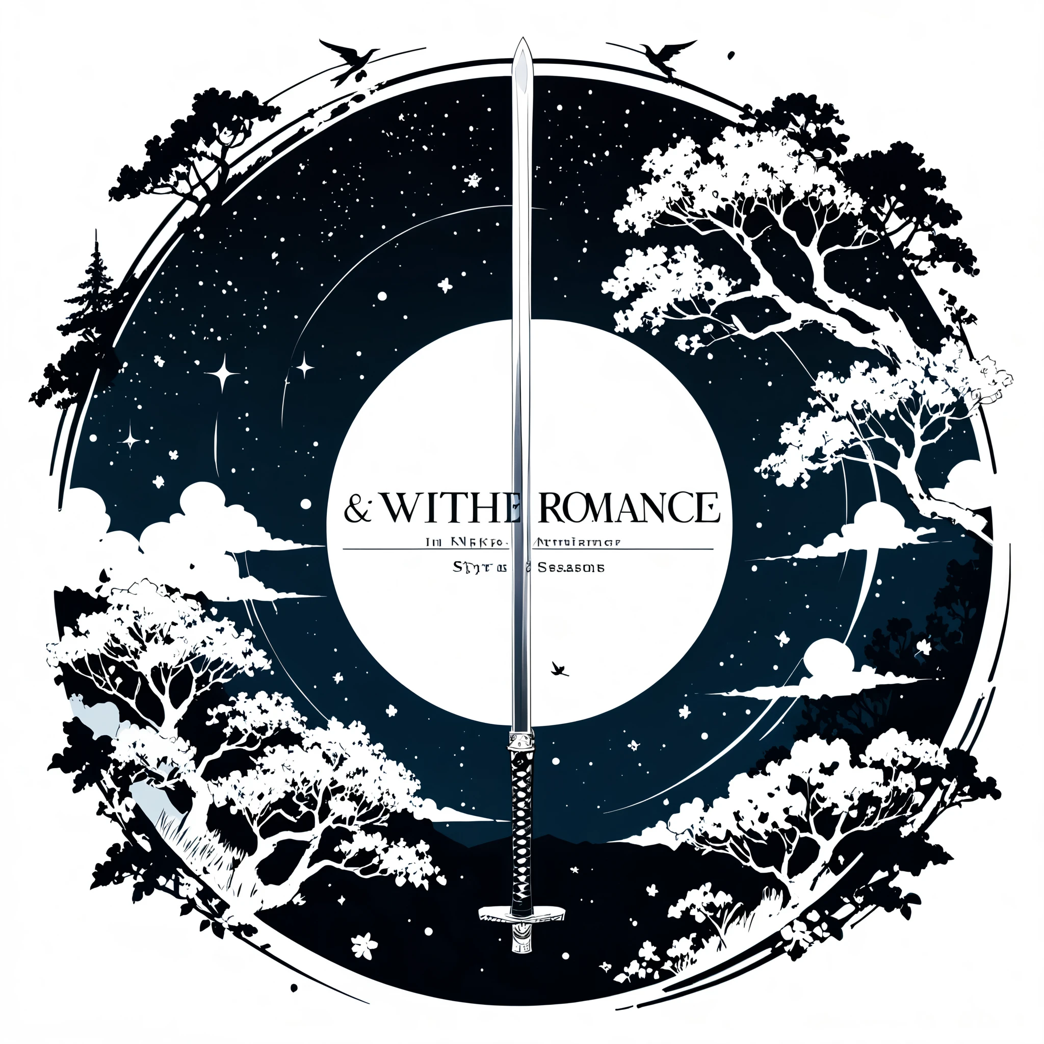 {with the text:"sword and romance":1.6},in style of ashley wood,in style of Giovanni Costa
logo,line art,{minimalist style:1.5},katana ,ring composition,{the focus of the composition is on the outside of the ring:1.4},{in the middle of the ring is a large area of white space:1.4},four seasons in spring, summer, autumn and winter,night